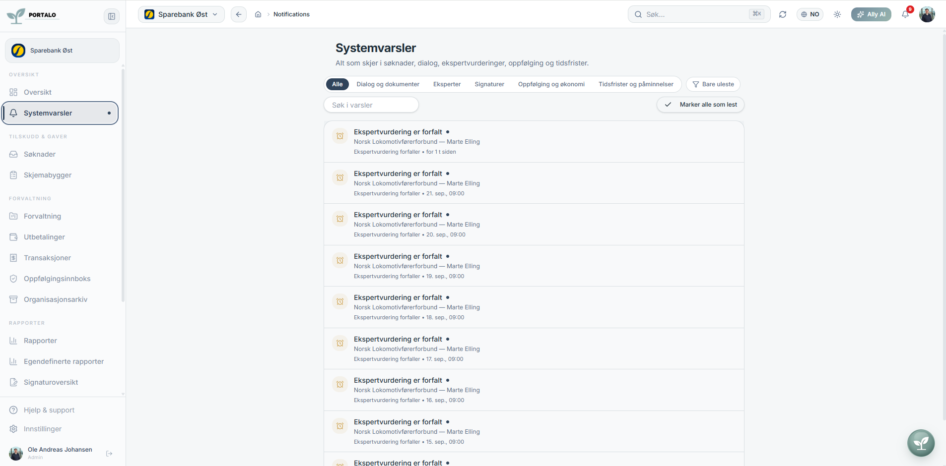 Systemvarsler-skjermbilde fra Portalo med liste over varsler og frister