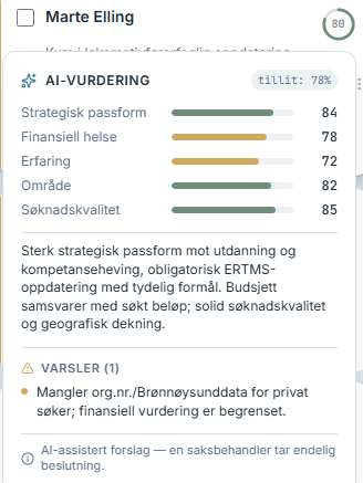 Utsnitt som viser AI-vurdering med score, tillitsnivå og varsler i Portalo