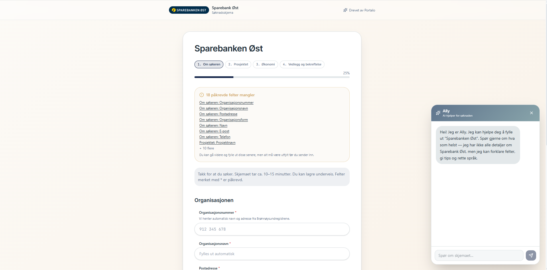 Søknadsskjema-skjermbilde med Ally AI-assistent i Portalo